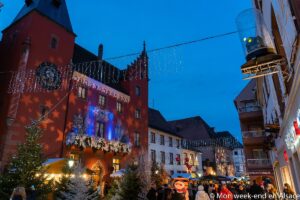 A street decorated for the Haguenau Christmas market, lit up in the evening