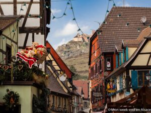 A decorated street in Ribeauvillé during the Christmas market