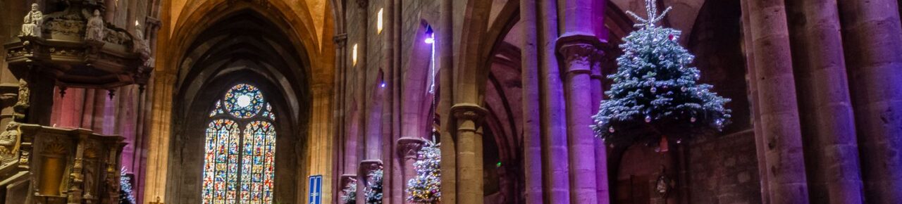 Christmas Market in Sélestat - Cradle of the Christmas Tree 1 Exhibition of hanging Christmas trees at Saint-Georges Church in Sélestat